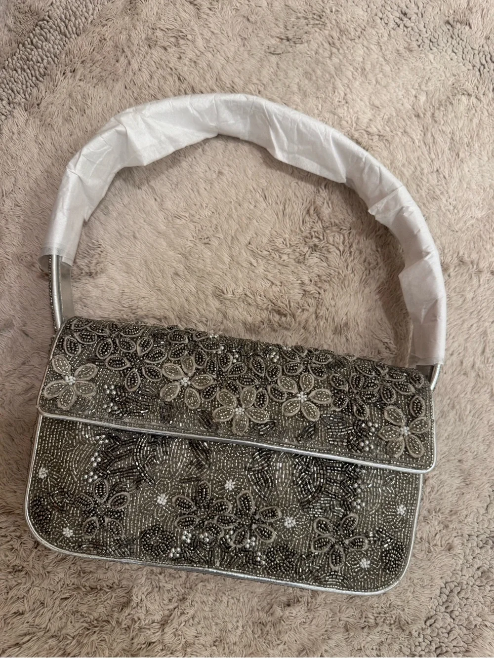 STAUD Tommy Garden Party Beaded Floral Evening Bag in Silver colorway 10x6 in